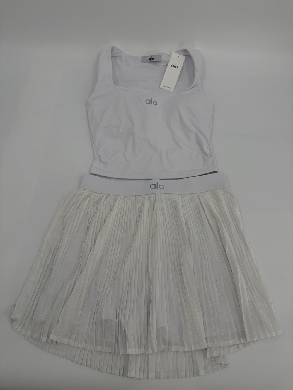 ALO Yoga White Tank Top and Pleated Skirt Set